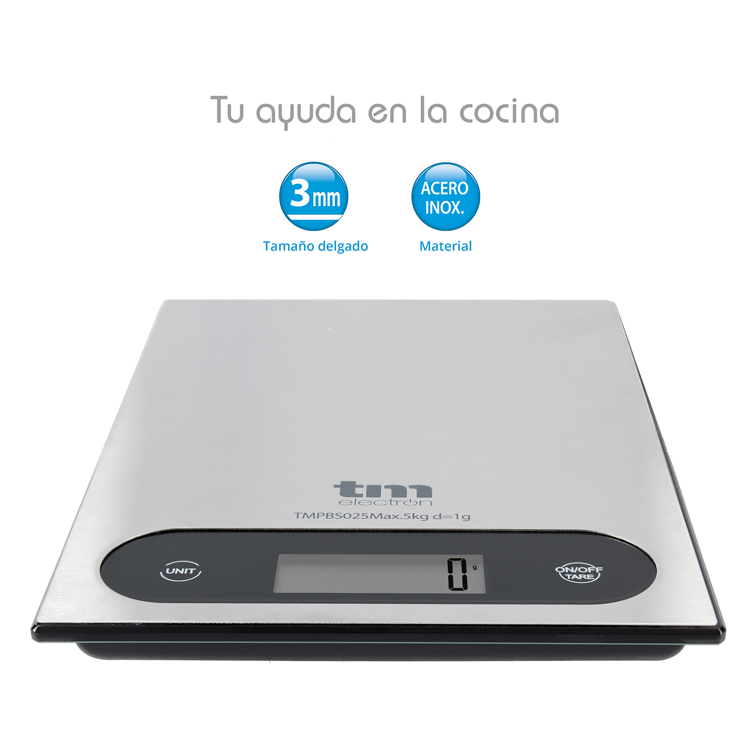 TM Electron TMPBS040 báscula de cocina sin pilas, acero inoxidable, 4  sensores de alta precisión, función tara, pantalla grande, 4 tipos de  medidas, Max. 5kg – Mercatron – Tienda Online