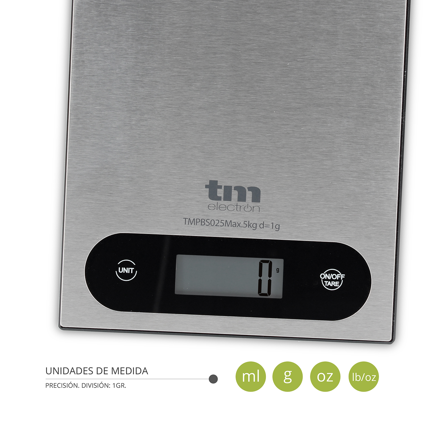 TM Electron TMPBS040 báscula de cocina sin pilas, acero inoxidable, 4  sensores de alta precisión, función tara, pantalla grande