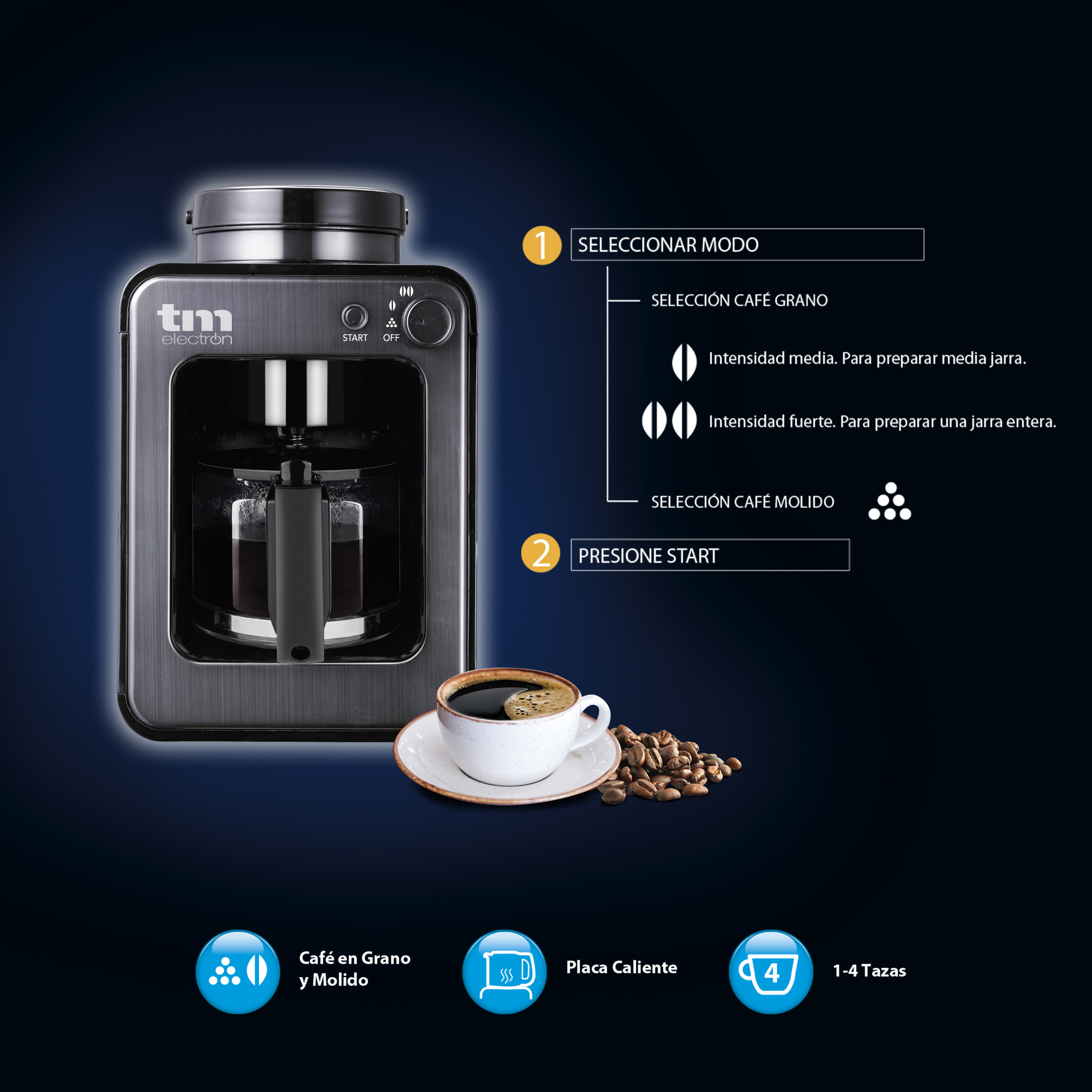 Mini cafetera de goteo con molinillo TMPCF020G - TM Electron