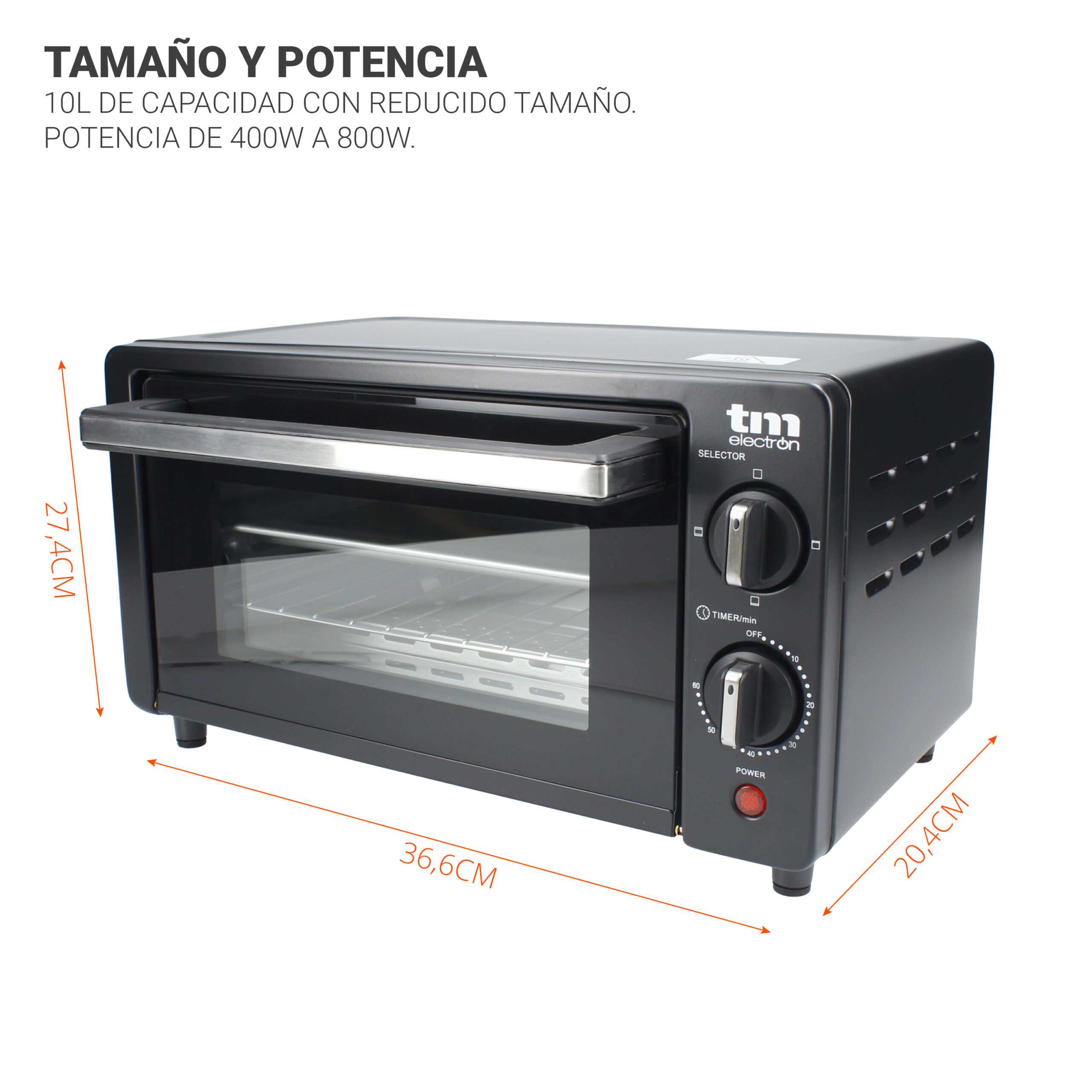 TM Electron TMPHO001BK mini horno tostador 800W, 10L de capacidad, puerta  con cristal doble, temporizador y 3 modos de calentami