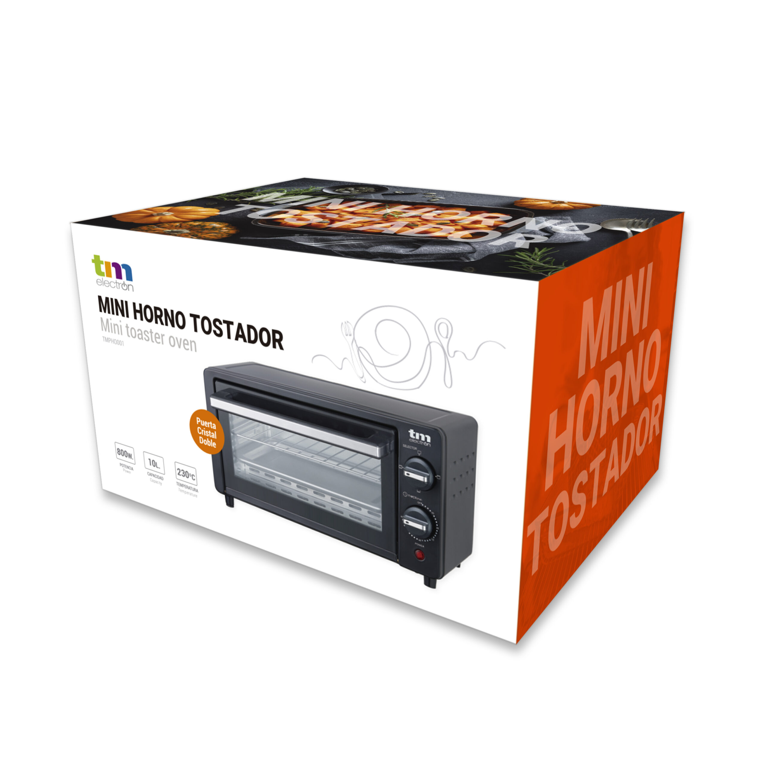 TM Electron TMPHO001BK mini horno tostador 800W, 10L de capacidad, puerta  con cristal doble, temporizador y 3 modos de calentami