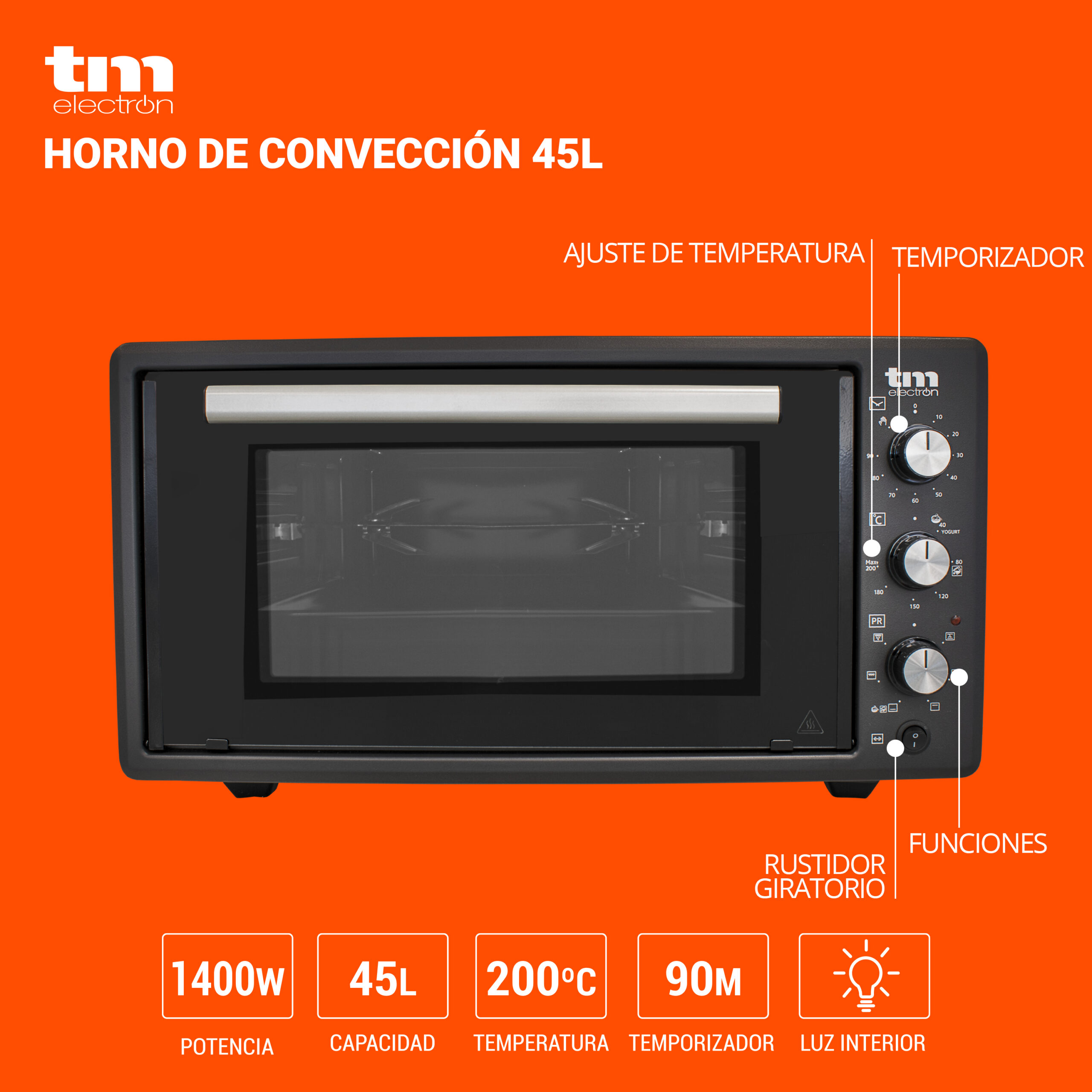 MPM MPE-07T Horno eléctrico de Sobremesa convección 45 litros, Acero  Inoxidable, asador de Pollo, Temporizador, Ajuste Temperatura, Negro, 2000W  : : Hogar y cocina