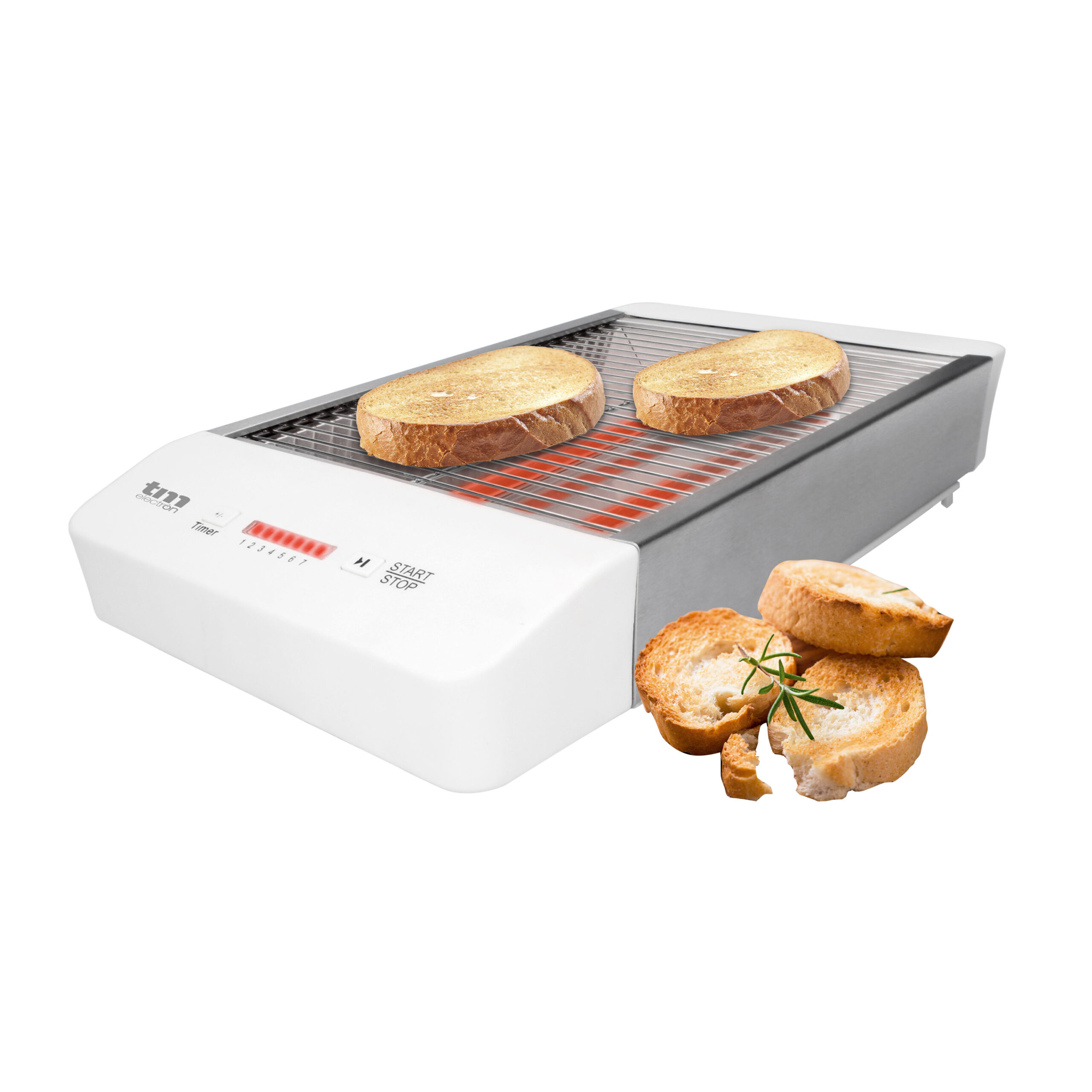 TM Electron TMPTS006WH Tostadora horizontal multifunción de 600W,  calentadores de cuarzo y con control de tiempo para el tostado, color  blanco – Mercatron – Tienda Online