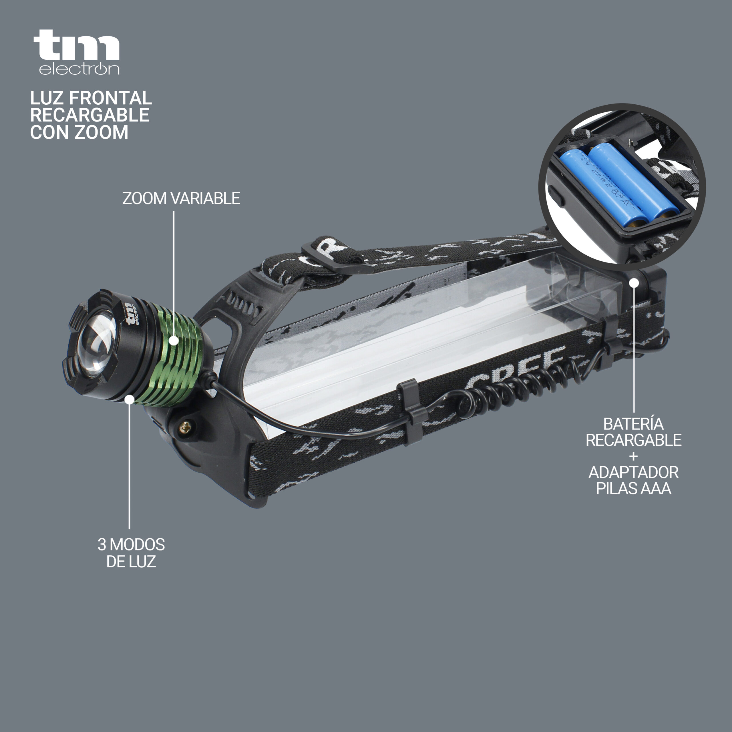 Luz frontal recargable con zoom