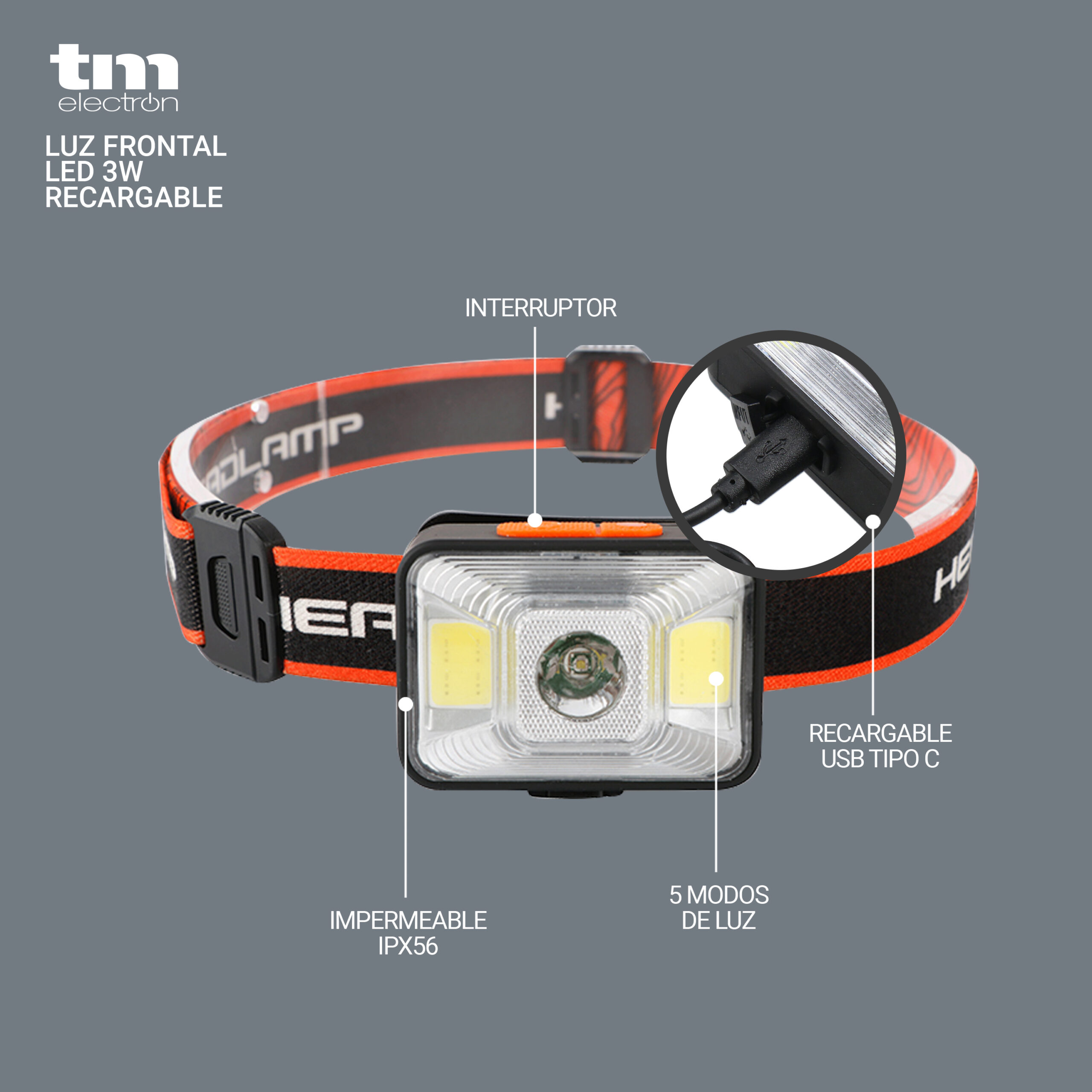 Linterna frontal LED recargable - TM Electron