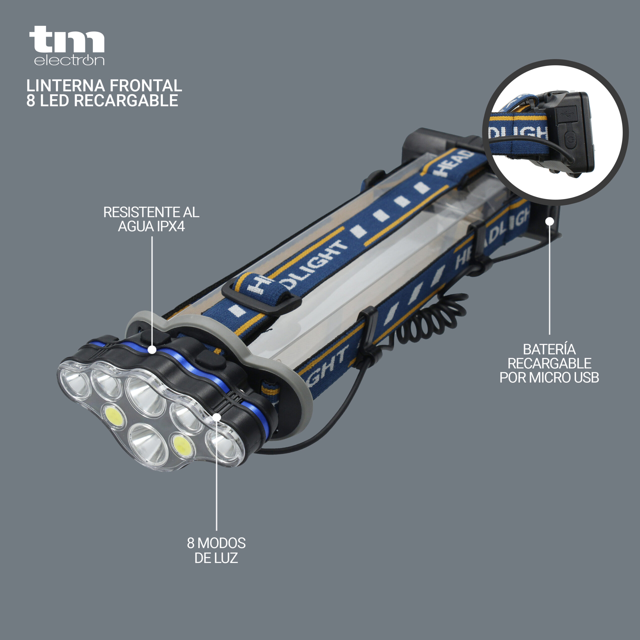 Linterna Frontal 8 LED recargable - TM Electron