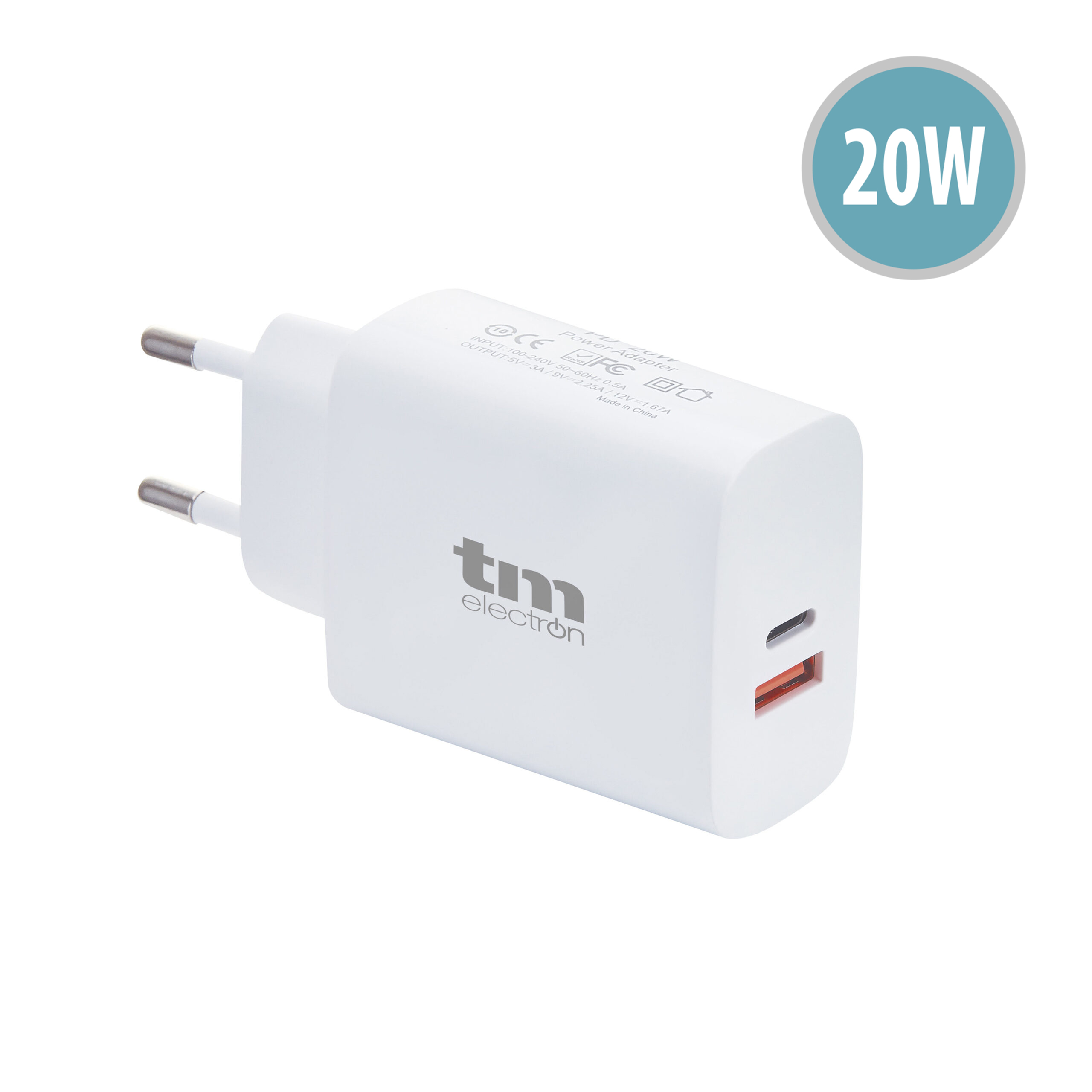 Cargador ULTRA RÁPIDO DUAL USB A+USB C PD 20W - TM Electron