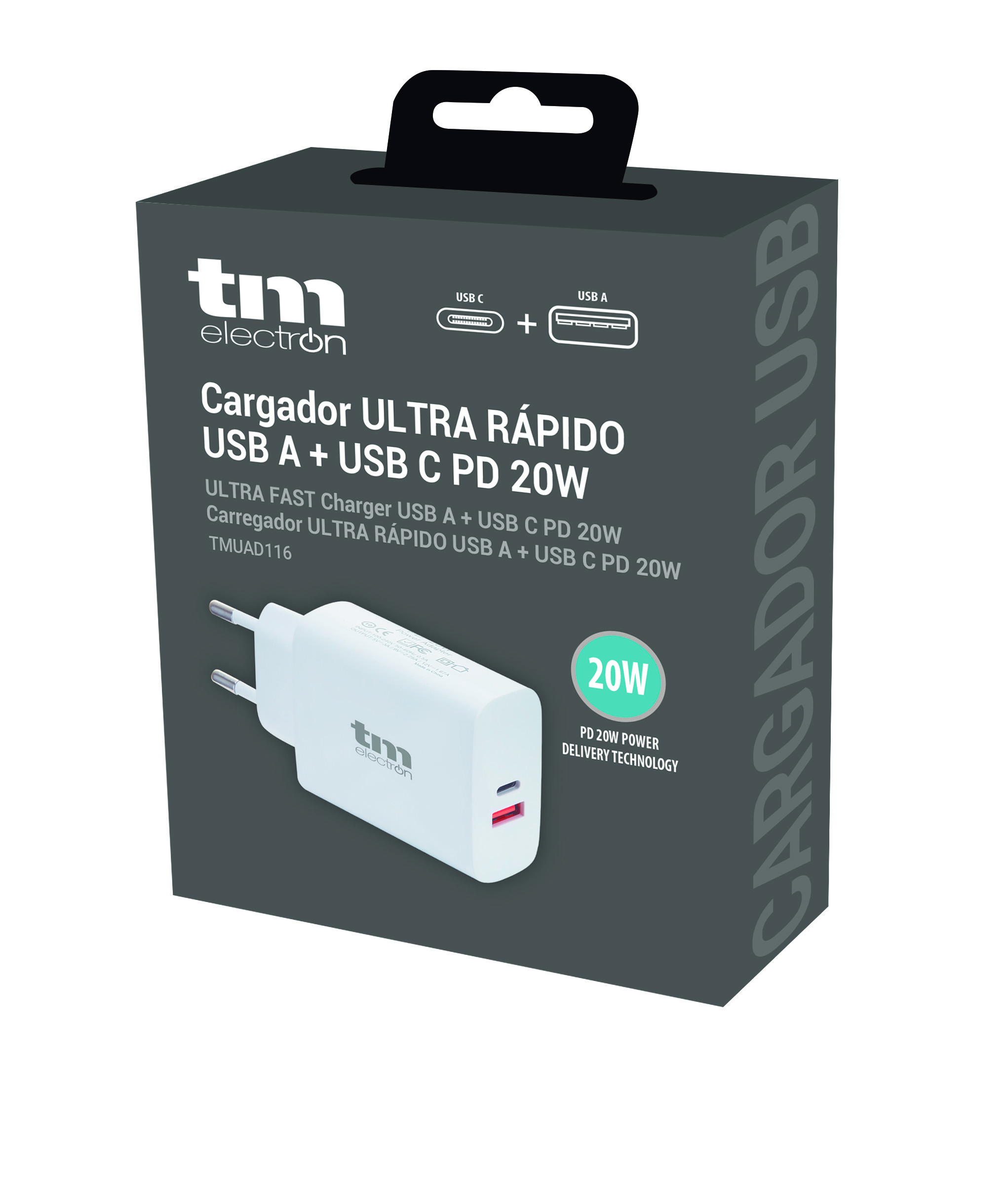 Cargador ULTRA RÁPIDO DUAL USB A+USB C PD 20W - TM Electron