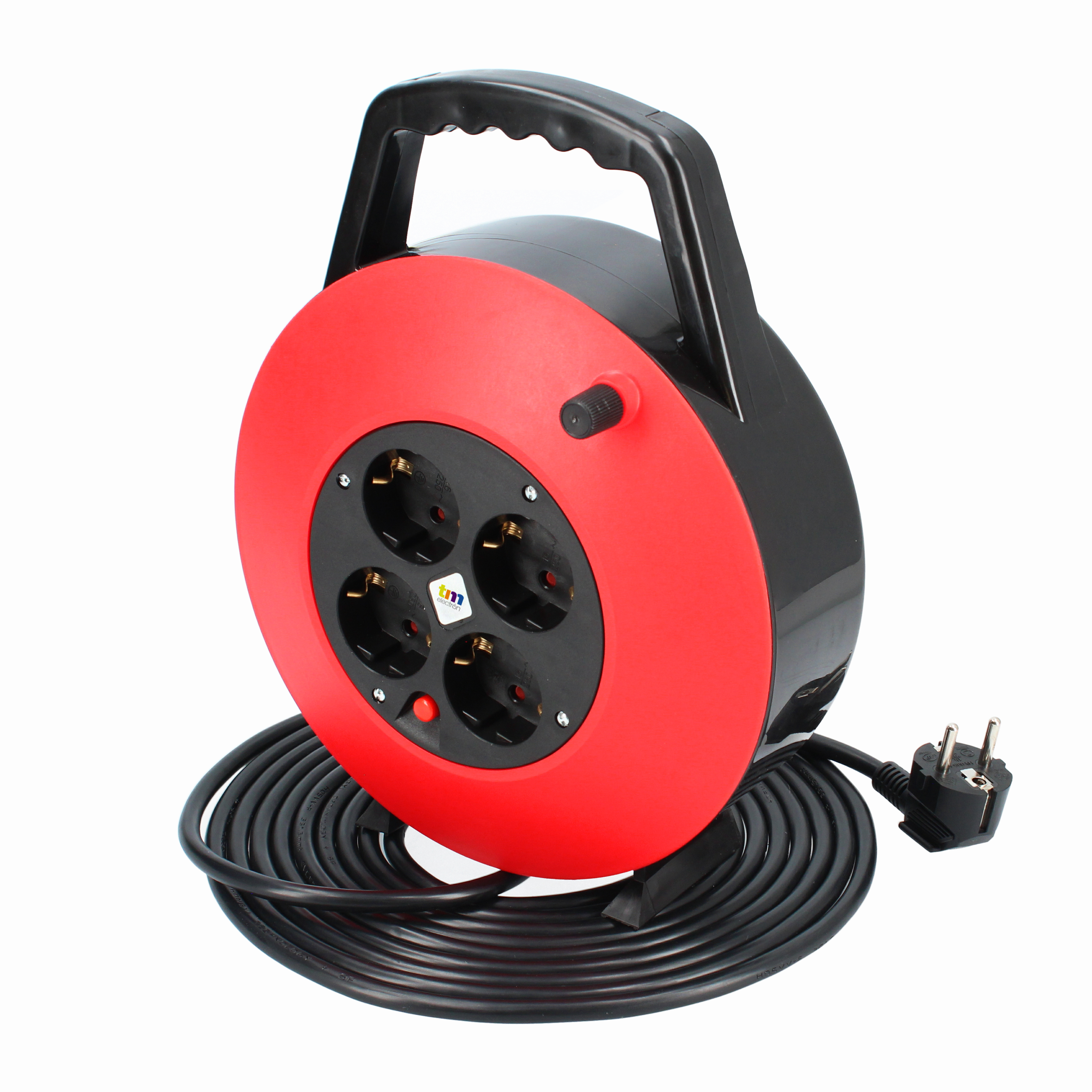 Cable de alimentación en Bobina Enrollable de 15 Metros con 4 Tomas Color Rojo TM Electron TMUAD215 