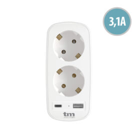 Base múltiple 2 tomas con salida USB A + USB C 3.1A