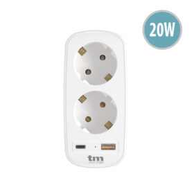Base múltiple 2 tomas con salida USB A + USB C PD 20W