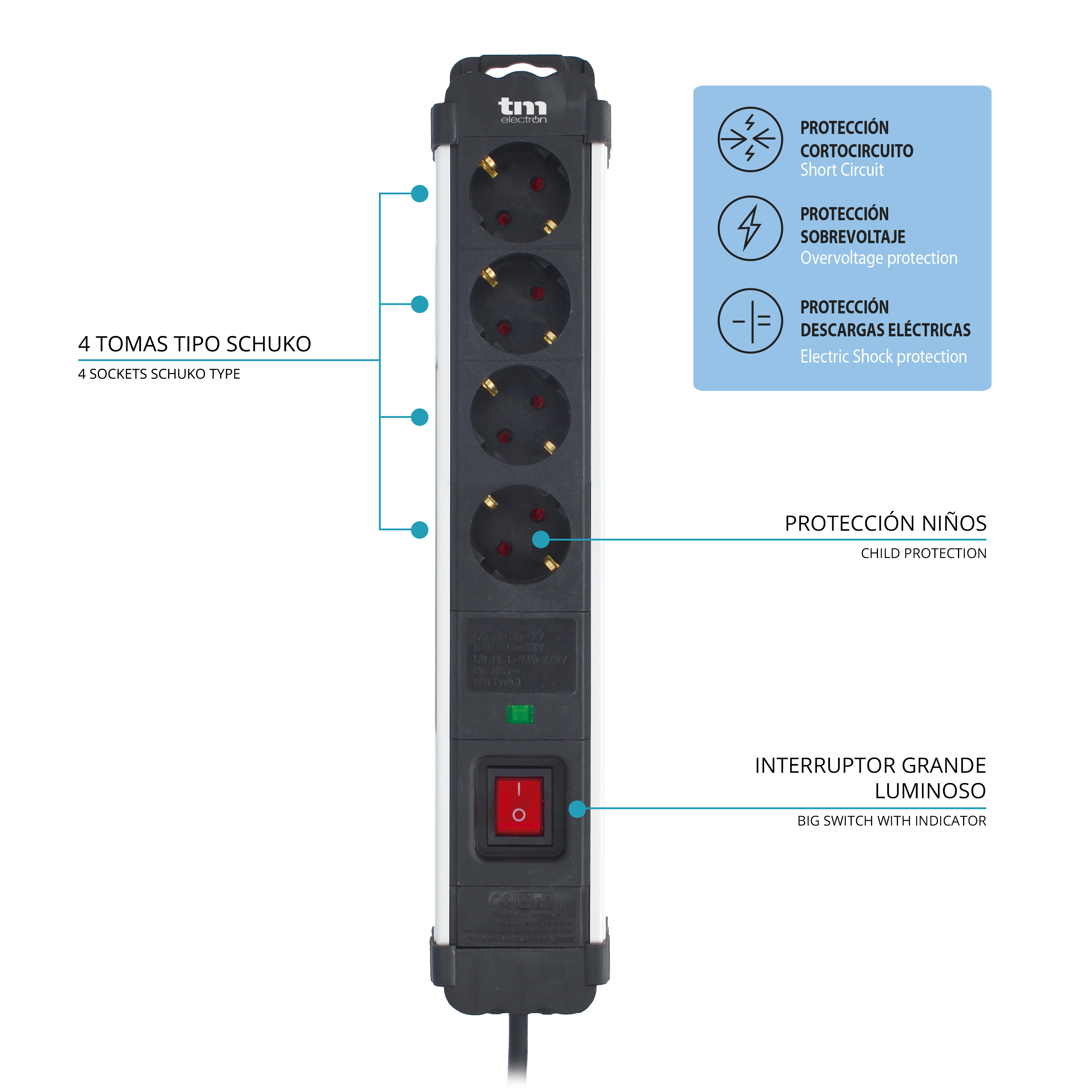 TM ELECTRON Regleta 4 Enchufes Con 2xUsb Blanco y Interruptor TMUAD304  Blanco